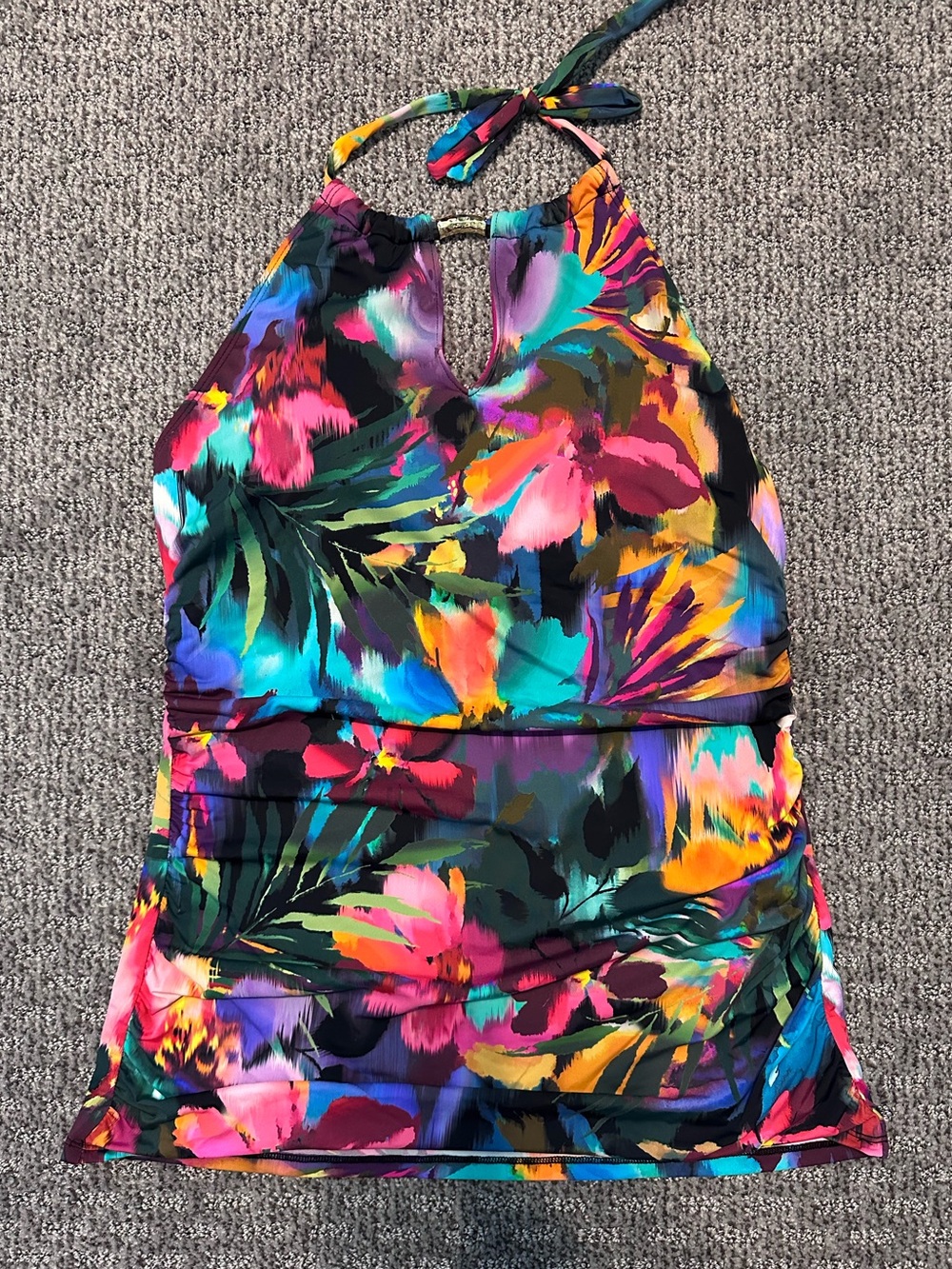 Multicolor Floral High Neck Tankini Top with Ruching/Gathering Size L